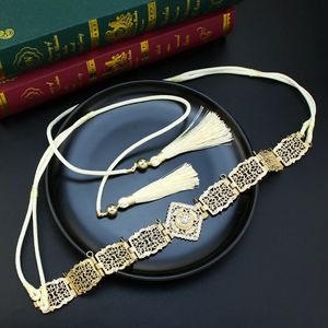 Sunspicems Thin Women Hand Rope Belt Gold Color Crystal Morocco Waist Chain Belt Caftan Abaya Body Chain Arabic Bride Jewelry 240507