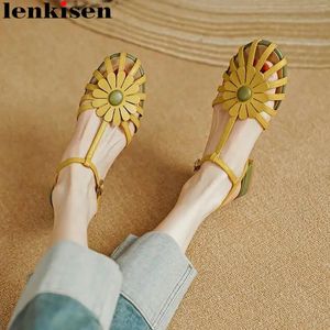 Casual Shoes Lenkisen Cow Leather Sweet Summer Buckle Stems Breattable Flowers Chunky Heels British School Comfor Sandals for Women