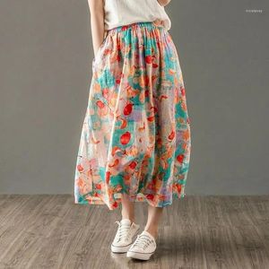 Skirts Floral Print Bohemia Linen Elastic High Waist Loose A-line Women's Skirt Korean Fashion Mid-Calf For Women 2024 Spring