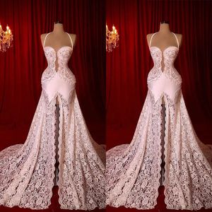 Meerjungfrau Perlen Glamouröse Perlenkleider Spitze Hochzeit Hollow Front Split Sweep Zug Rückenfreie Reißverschluss Custom Made Plus Size Bridal Gown Vestidos de Novia