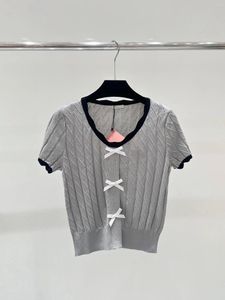 Frauen T -Shirts Frauen Frühlings- und Sommerfarbe Kontrastkante Bogenknit kurz Ärmel Dünner runder Nacken Girly Style Style