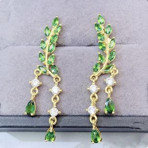 ダングルイヤリング自然リアルグリーンディオプサイドドロップイヤリング葉スタイル0.15ct 20pcs 0.3ct 4pcsジェムストーン925スターリングシルバーファインジュエリー