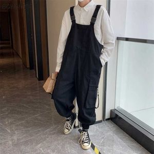 Men's Jeans Suspenders jumpsuit for mens summer top Japanese loose waistband casual pocket unisex oversized street clothing solid mens clothing J240507