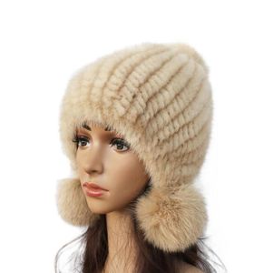 Fashion Women Real mink hat Winter warm mink fur knit hats Women fur ball cap Q1905293389472