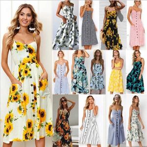 Elegant blommig solrostryck klänningar för kvinnliga remmar MIDI Lång klänning med fickdekor Party Robe Summer Vestidos Casual 210528 291x