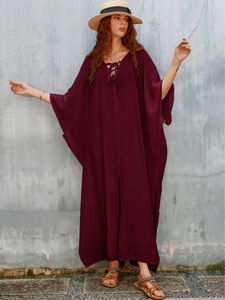 Kaftan Dresses For Women Batwing Sleeve Bathing Suit Cover Up Loose Maxi Dress Side Split Beachwear Wine Red Tied Robe Vacation