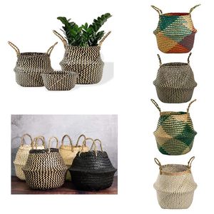 Large seaweed basket willow belly basket woven garden plant pot home decoration laundry shop picnic grocery straw storage plants 240428