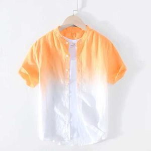 Polos masculinos 100% de linho puro gradiente de verão camisa masculina de manga curta Moda de moda masculina colar de stand up topl2405