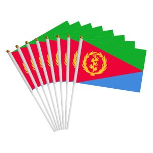 Accessoires aerlxemrbrae 100pcs/Los Eritrea Handflag 14*21 cm Kleine Handwellenflagge mit Kunststoff -Fahnenmast