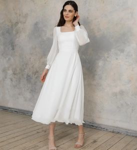 Simple Short Bride Wedding Dresses Square Long Sleeves Tea Length Chiffon Formal Party Dress A Line Bridal Gowns Vestidos De Novia