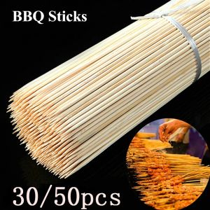 Aksesuarlar 30/50pcs Tek kullanımlık ahşap ızgara ızgara barbekü araçları açık havada pişirme Barbekü çubukları bambu şişe barbekü araçları meyve çubukları