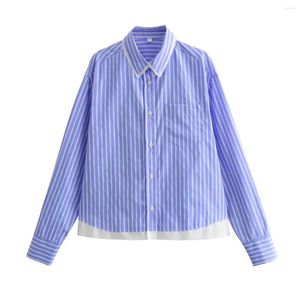 レディースブラウスストライプの女性シャツ2024夏のシックシングルブレストトップメスの長袖ポケット付きカジュアルシャツ