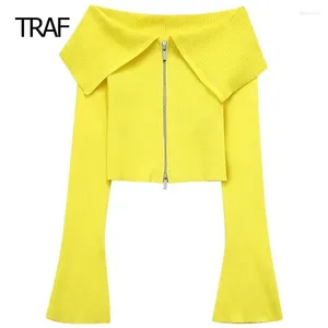 Malhas femininas suéter primavera 2024 malha cardigã amarelo fora de ombro de manga longa tops coreanos malhas de estilo coreano