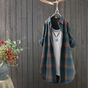 Women's Blouses Shirts Medium Long Plaid Shirt Women Cotton Linen Clothes Fe Shirts Coat Vintage Casual Blouse Loose Plus Size Tops Womens Clothes d240507