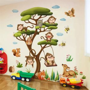 Adesivi Forest Animal Tree Cartoon Owl Deer Squirrel Monkey Adesivi da parete per bambini Ragazzi ragazzi RAGAZZA