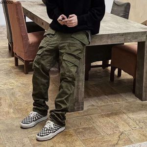 Multi-pockets Straight Flare Pants Mens High Street Elastic Waist Solid Loose Casual Cargo Hip Hop Baggy Trousers