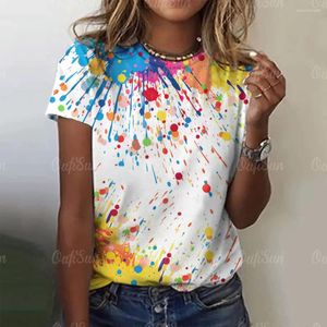 Kvinnors T-skjortor färgglada graffiti t-shirt sommar o-hals avslappnad kort ärm kvinnlig lös mode tröja för damer dagliga streetwear