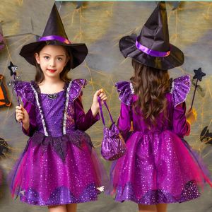 Kleider Kinder Witch Kostüm Halloween Cosplay -Kleid glitzernde Prinzessinkleid mit Hut für Mädchen Maskerade Karneval Party Kleider Kleidung