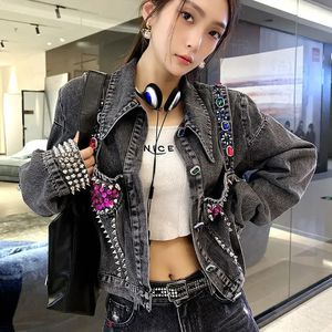 Grey Crop Spring Autumn Small Womens Denim Jackets Short with Stones Female Jeans Coat Studded Outerwears Y2k Clothes Vintage 240426