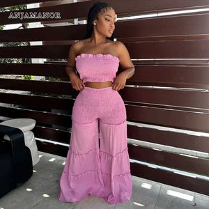 Calças de duas peças femininas Anjamanor Conjunto de duas peças Smocked Tube Top e calças largas de pernas largas terminam roupas de férias casuais para mulheres 2023 D58-EZ42 T240507