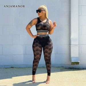 Women's Two Piece Pants ANJAMANOR Black Lace Summer 2 Pieces Set for Women Sexy S Through Outfits Crop Top and Pants Matching Sets Club Wear D22-DB23 T240507