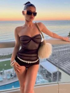 Casual Dresses 2024 Black Mesh Ruched Strapless Mini For Women Sexig Night Club Dress Summer Beach Vacation Outfits Solid Y2K kläder