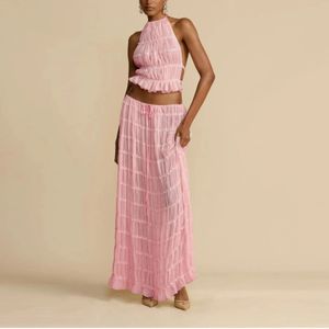 Elegant Halter Neck Long Skirt Suit Women Backless Sling Top Lace Up Fold Maxi Skirts Summer Female 2 Piece Set Outfits 240423