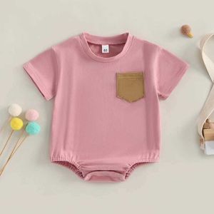 ロンパーズベイビーサマーカジュアルソリッドカラー半袖ジャンプスーツ幼児の少年の女の子のかわいい服H240507のためのポケット