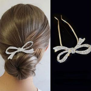 Rhinestone/Crystal Bow Tie Hair Sticks Bridal Headpieces Wedding Accessories Female Women Hair Jewelry Boho Bun Golden Head Pin