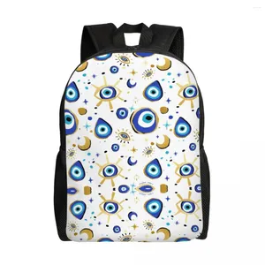 Backpack Mediterranean Blue and Gold Eye Eyey Laptop Basic Book Bag per Student College Studente Hamsa Nazar Amulet Boho Borsa