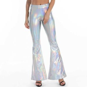 Women's Pants Capris Sexy PU leather metal pants shiny holographic Flare pants womens Bodycon elastic waist Bell bottom Trousers Clubwear Y240504