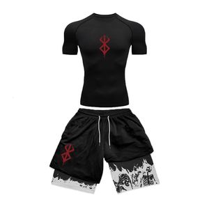 Mens Compression Suit Sports Fitness Quick Drying Suit Tight Short Sleeved Anime Double Layer Shorts Summer 240506