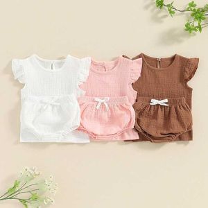 衣料品セット夏の新生児の女の子コットンソリッドフライスリーブOネックTシャツトップス+ボウノットショーツセット0-24m H240507