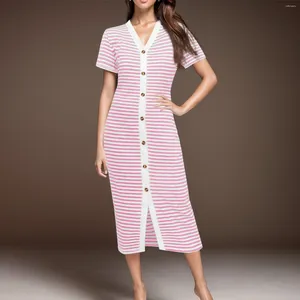 Casual Dresses Summer Striped Printed Long Dress For Women V-Neck Short Sleeve Maxi Female Button Up Slim Fit Bodycon