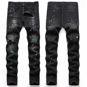 NS czarne spodnie duże rozmiary osobowość modne spodnie europejskie i amerykańskie regularne wersję dżinsy dżinsowe męskie nowe elastyczne spodni j240507