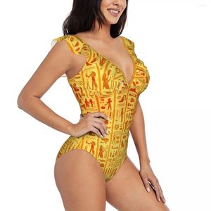 Menas de banho feminina Ruffle 2024 Mulheres Sexy One peças Tire Swimsuit Feminino Grunge Antigo egípcio Hieróglifos Monokini Monokin