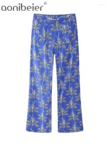 Women's Pants Aonibeier Ultra Thin Printed Women Wide Suits 2024 Summer Patch Pockets Zipper High Waisted Female Trousers Y2K