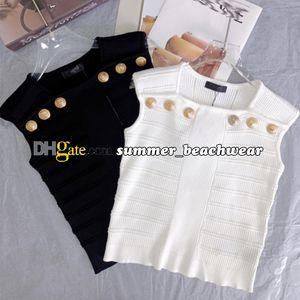 Elegante listrado Jacquard Knit Vest Designer Logo Button Tanks Tanks Tees