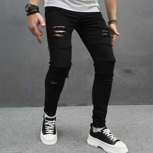 Mäns jeans Strtwear Men Stylish Holes Slim Jeans Trousers Hip Hop Male Ripped Denim Pants Plus Size 5XL 6XL Y240507