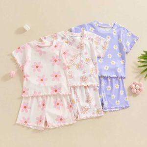 Roupas conjuntos de roupas para meninas de verão infantil garotas de garotas floral camisetas de manga curta+cuecas elásticas de cintura h240507