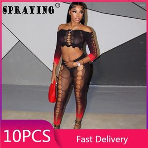 Frauen zwei Stück Hosen 10 Trailsanzuiten Sommer 2024 Hohlauslöschten Slash Neck Crop Top Legging Wholesale Items Mesh Womens Outifts S13327