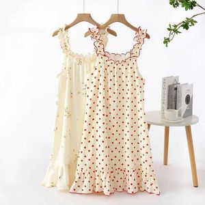 Women's Sleep Lounge New summer womens pajamas with 100% pure cotton crepe suspender long and thin sleeveless medium length love womens home dress plus sizeL2405