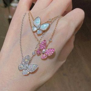 Designer Van Boutique White Fritillaria Butterfly Necklace for Women 925 Pure Silver Plated 18k Rose Gold Full Diamond Powder Collar Chain
