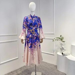 Casual klänningar Senaste 2024 Autumn Collection Top Quality Purple Floral Print Gradient Lantern Sleeve Mid Length Vintage Dress with Belt