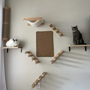 Scratchers Solid Wooden Cat Wall Mounted Indoor Furniture Cat Hammock Hanging Bed with 4 Steps Ladder for Kitten Climbing and Sleeping