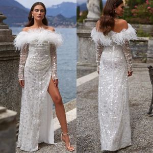 Glitter Wedding Dresses Feather Sequins Mermaid Bridal Gowns High Split Beading Custom Made Long Sleeve Bride Dress Vestidos De Novia