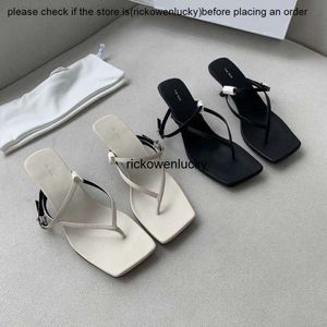 the row 2023 New The * Row French Slim Toe Sandals Leather Clamping Toe Square Head Kitten Heel Summer Mid Heel
