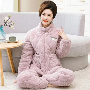 Kadın pijama kış üç katmanlı pamuk pijamaları kadınlar kalın gevşek boyut M-4XL sıcak pazen ev giyim