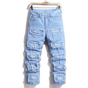 Herren Jeans Stilvolle Männer Spleißen zerrissener Patch Lose Jeans Hosen Hip Hop gerade Strt männlicher Motorrad Biker Denimhose Y240507