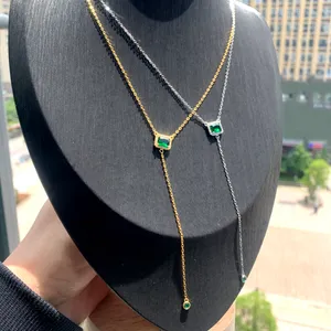 925 Serling Silver Green Square Drop CZ Cubic Zirconia Sexy Y Lariat Long Clavicle Chain Multi Layer Choker Necklace Jewelry